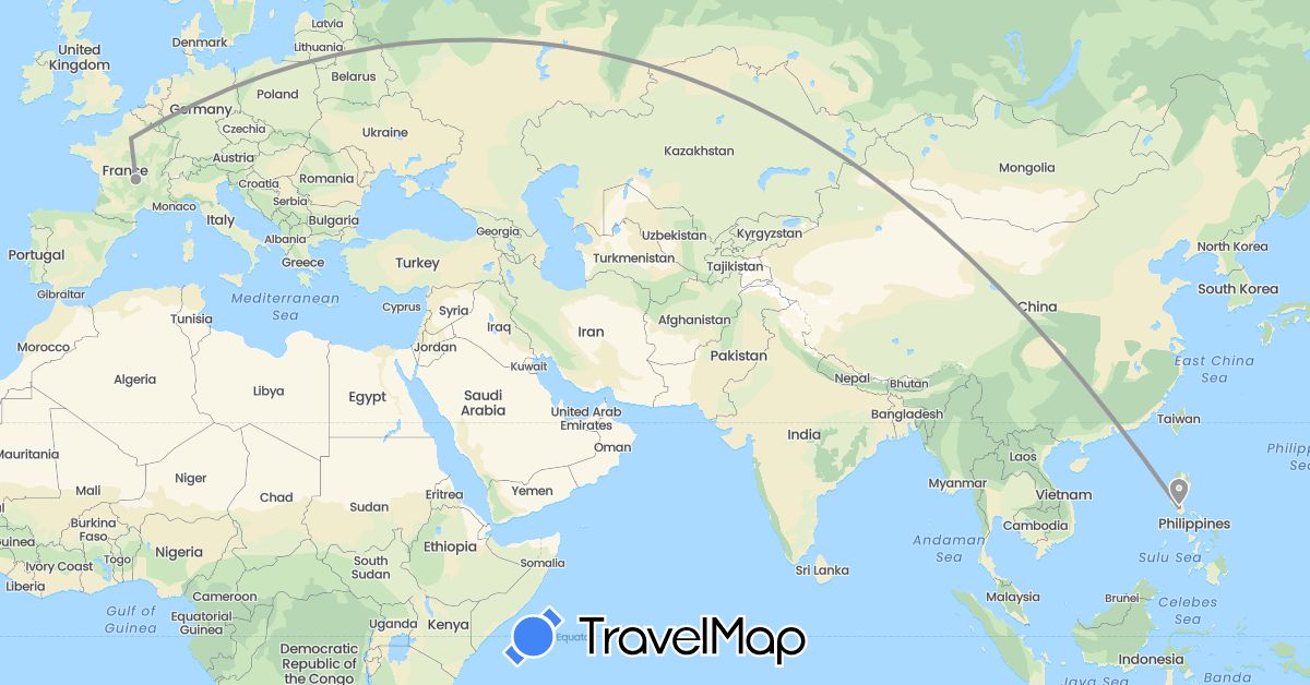 TravelMap itinerary: driving, plane in France, Philippines (Asia, Europe)
